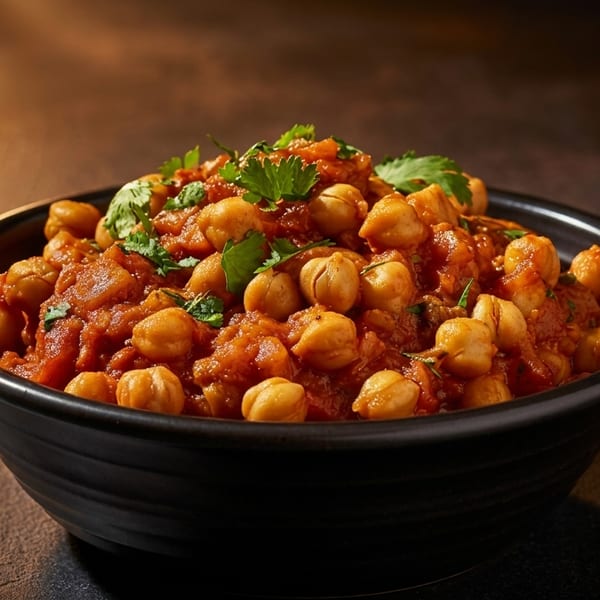 A black bowl filled with chana masala, garnished with fresh cilantro, on a dark surface.