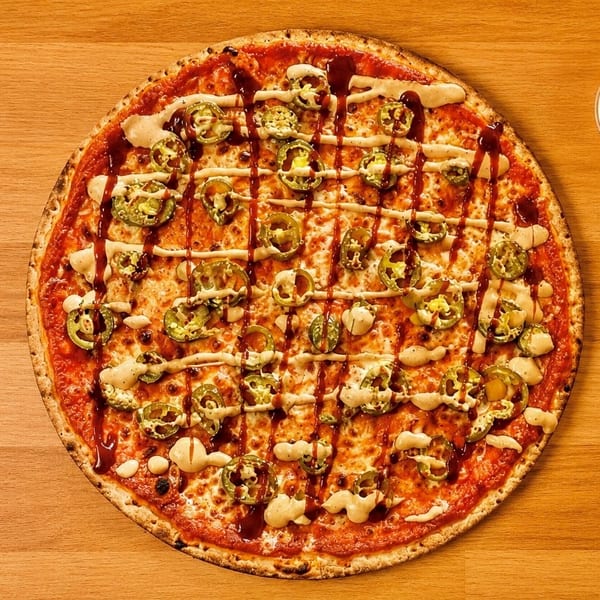 A whole pizza topped with jalapeños, cheese, and drizzled with two sauces, next to a dip cup.